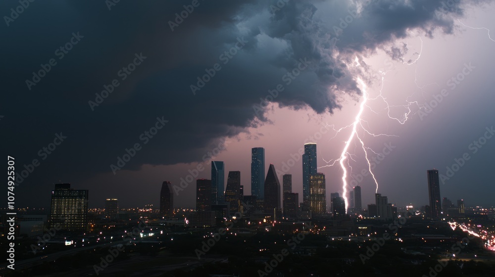 Fototapeta premium Climate Change Crisis: Dramatic Thunderstorm Over Cityscape with Lightning Strikes, Symbolizing Increasing Extreme Weather Events