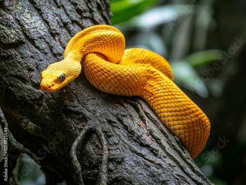 Detailed View of a Yellow Albino Snake with Intricate Scales Resting on Tree Bark