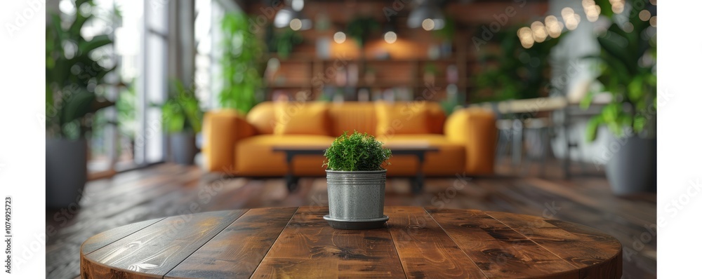 A cozy and inviting living room with a vibrant orange sofa, houseplants, and a wooden coffee table topped with a small potted plant, creating a warm atmosphere A cozy and inviting living room with a vibrant orange sofa, houseplants, and a wooden coffee table topped with a small potted plant, creating a warm atmosphere