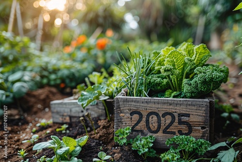 A flourishing garden filled with various vegetables and herbs, surrounded by green plants, highlighted by a wooden box labeled 2025. Sunlight gently illuminates the lush environment