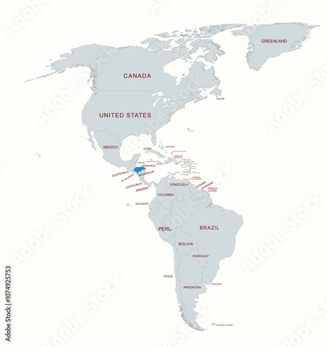 Detailed map of the Honduras with Argentina highlighted , showcasing geography and country names photo