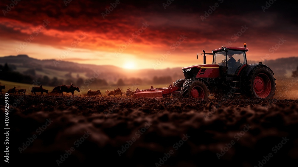 Set against a breathtaking sunset, a tractor is seen actively plowing the fields, overlooking grazing cattle in the expansive, serene countryside landscape. Set against a breathtaking sunset, a tractor is seen actively plowing the fields, overlooking grazing cattle in the expansive, serene countryside landscape.