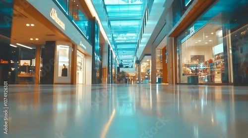 Shoppers in Mall Surrounded by Reflective Floors and Neon Lights photo