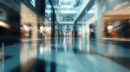 Shoppers Moving Fast in Mall with Neon Lights and Mirrors photo