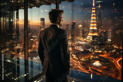 Business man in suit in office looking at modern city with skyscrapers through panoramic window