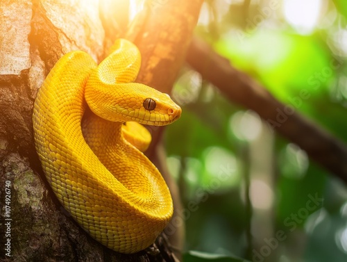 Vibrant Yellow Albino Snake Coiled Securely on Rough Tree Bark, Displaying Unique Texture photo