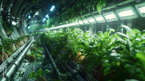Fototapeta Naklejka Na Ścianę i Meble -  Hydroponic greenhouse in futuristic environment of a space station. Sustainable agriculture, farming
