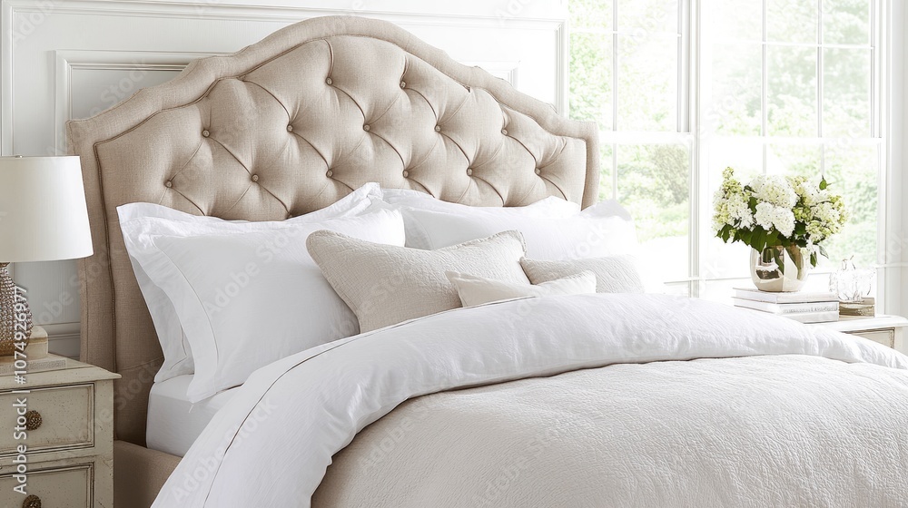 Fototapeta premium Elegant Upholstered Bed Headboard with White Bedding