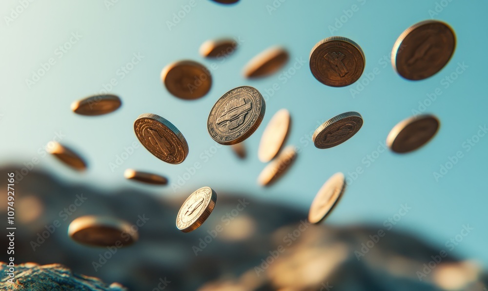 Obraz premium Flying coins, symbolizing financial growth and success, set against a dynamic background with a clear sky.