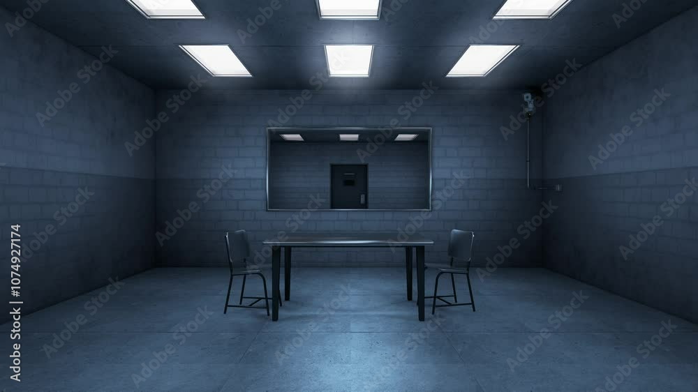 Empty interrogation room. Lights turning on at investigation room with surveillance camera recording. 3d render. Seamless loop.