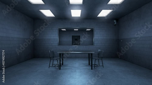 Empty interrogation room. Lights turning on at investigation room with surveillance camera recording. 3d render. Seamless loop.