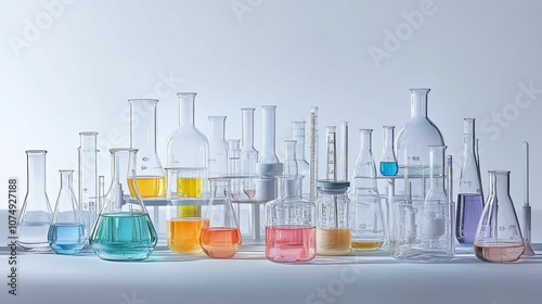 A collection of laboratory glassware containing colorful liquids