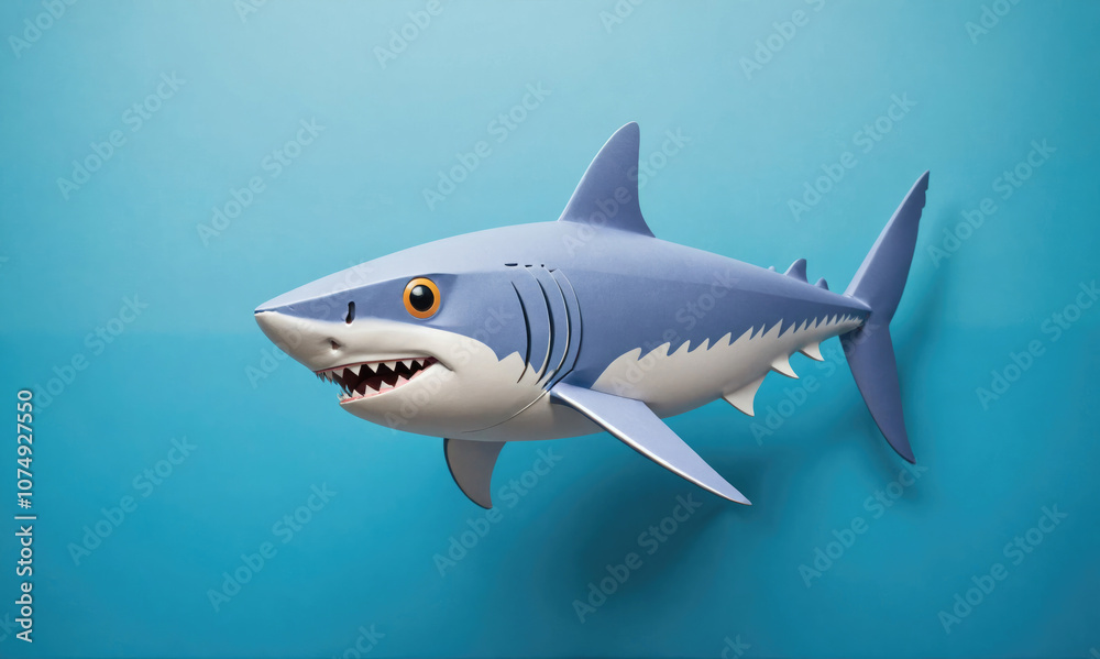 Obraz premium A blue shark with a white underbelly swims in a blue background