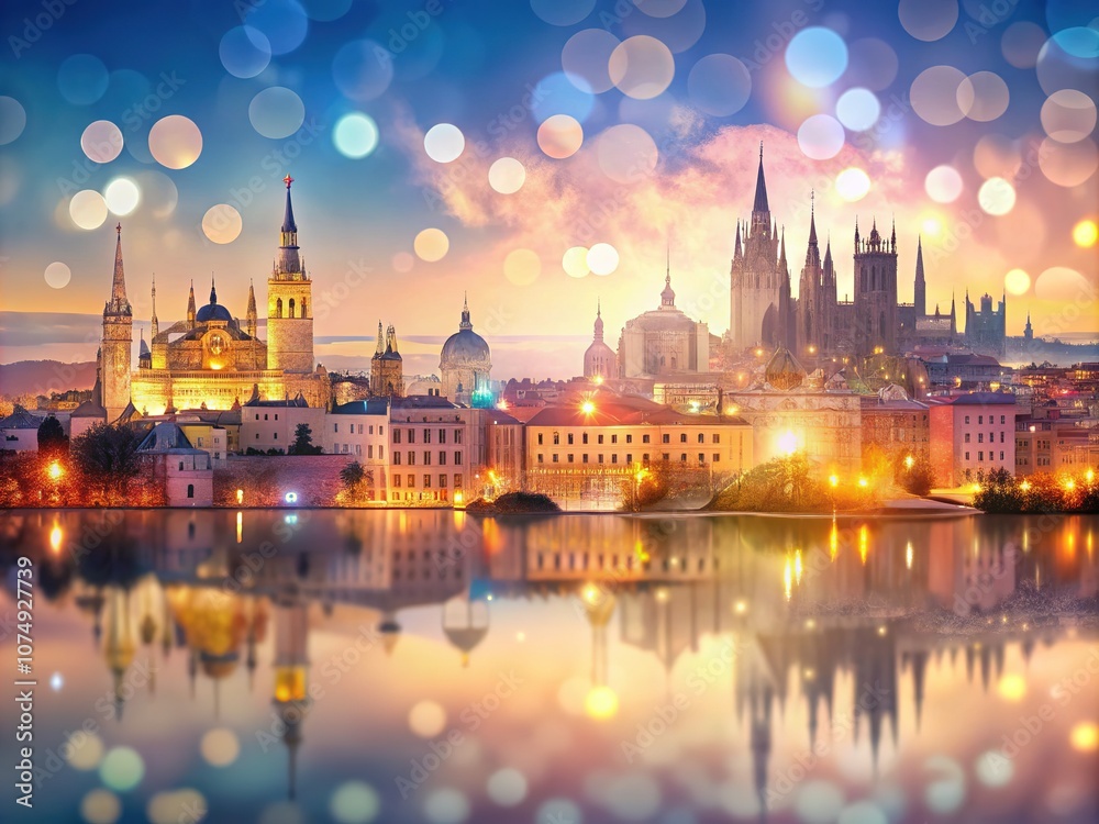 Naklejka premium Bokeh art: Madrid, Barcelona, Lisbon, Porto skylines, a travel dream.