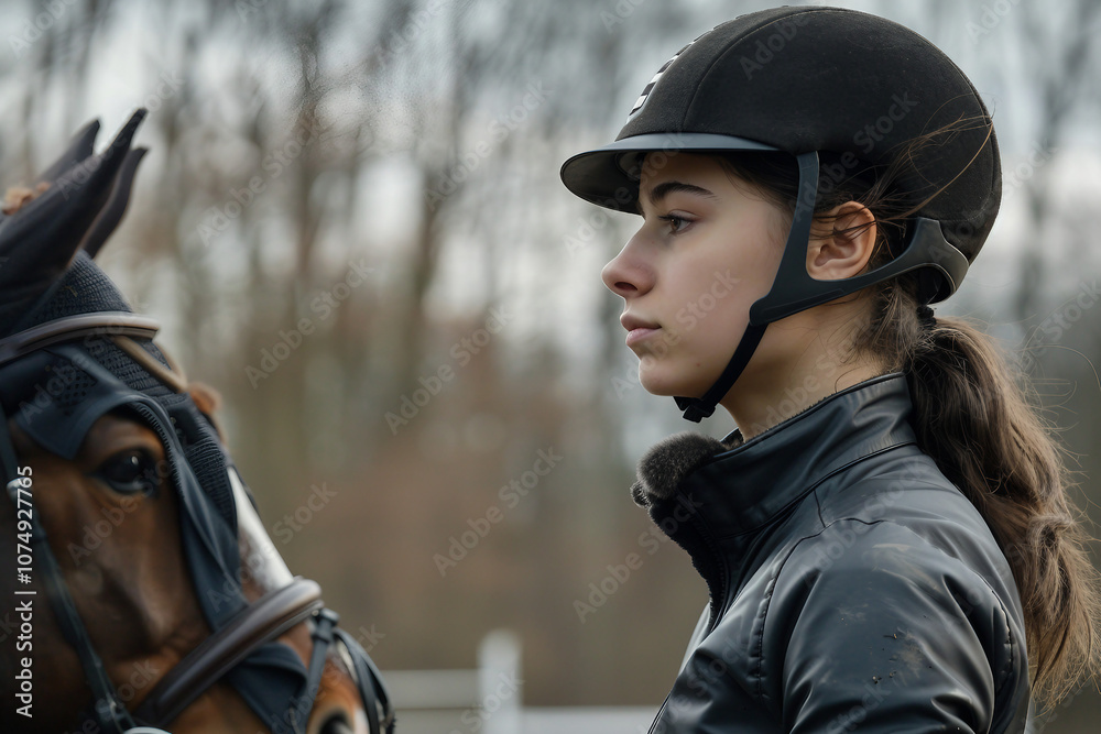Generative AI illustration, equestrian sports lesson training, young person man woman kid learning to ride a horse Generative AI illustration, equestrian sports lesson training, young person man woman kid learning to ride a horse