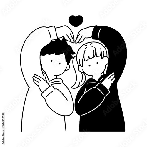 上半身でハートをつくる仲良しペア[男女]の単色イラスト
