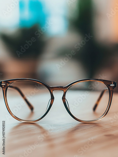 Stylish eyeglasses on a wooden table