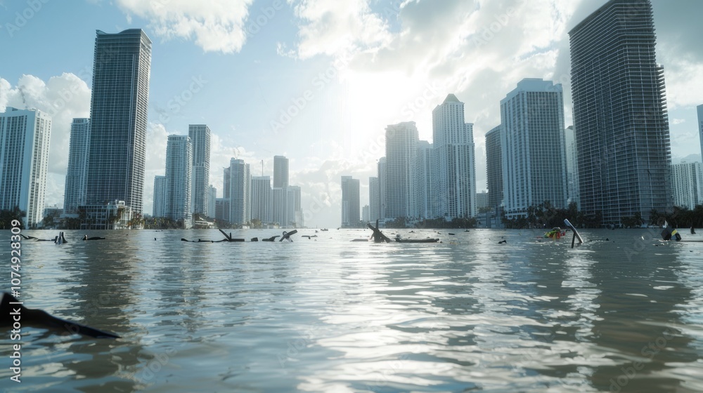 Fototapeta premium Climate Change Crisis: City Skyline Submerged in Floodwaters with Emergency Responders in Action, Illustrating the Consequences of Rising Sea Levels