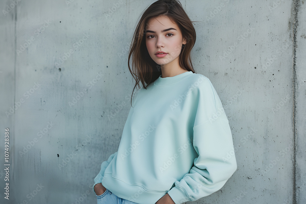 Cute young woman in a pastel green sweatshirt and jeans standing against a concrete wall, Generative AI Cute young woman in a pastel green sweatshirt and jeans standing against a concrete wall, Generative AI