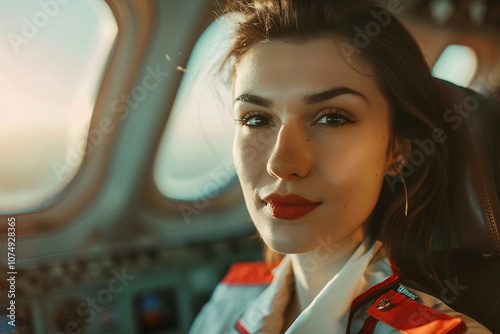 Generative AI portrait of professional airline crew worker steward stewardess pilot in uniform, showcasing service confident expression