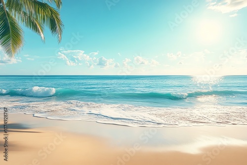 A tropical beach scene with a palm tree, blue sky, white sand, and turquoise ocean water.