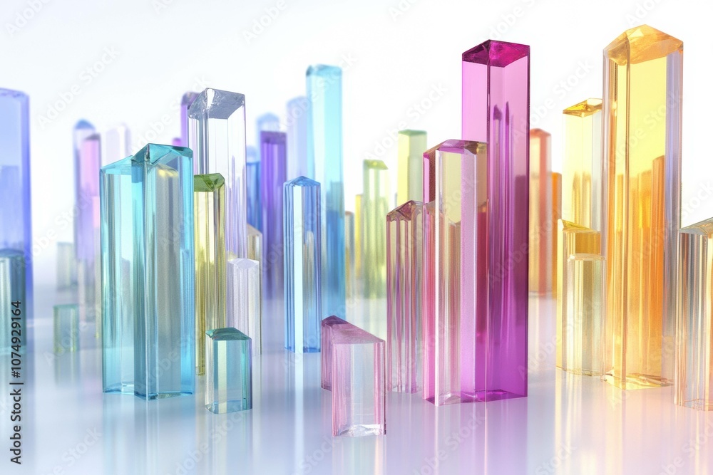 Abstract Cityscape: A mesmerizing array of vibrant, translucent glass skyscrapers, shimmering in a captivating abstract landscape.