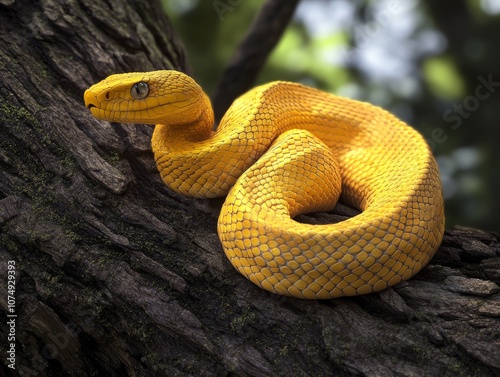 Yellow Scaled Albino Snake in a Coiled Position Resting on Tree Surface in Detail photo