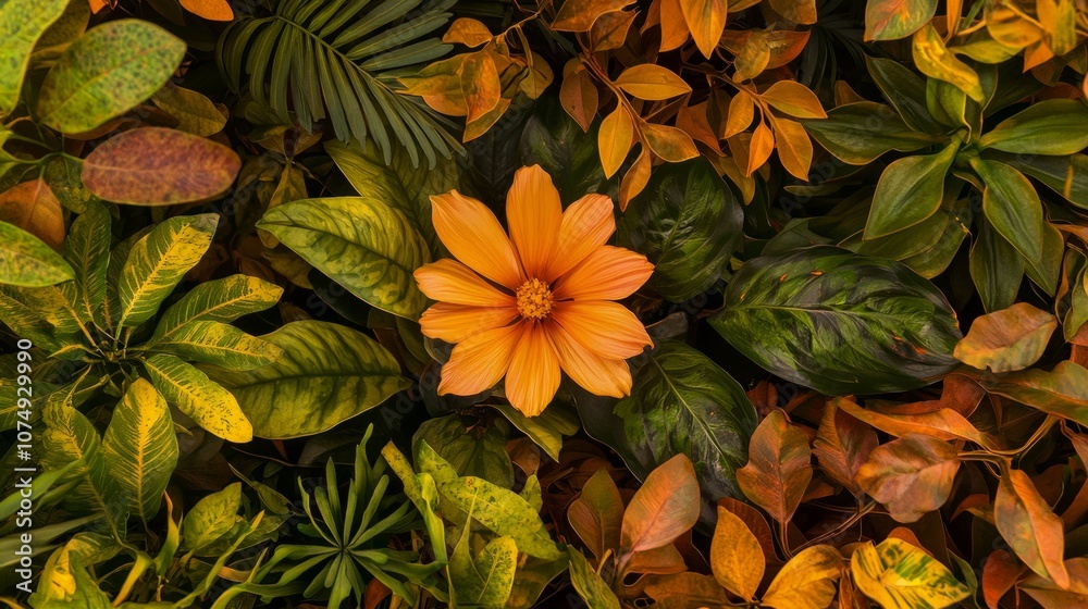 Fototapeta premium Resilience Blooms: Wilting Flower Amidst Thriving Plants - Climate Change Impact in Biodiversity.
