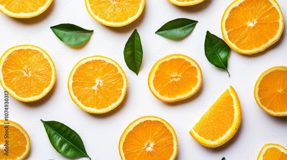 Fresh Orange Slices with Green Leaves on White Background. Fresh Orange Slices with Green Leaves on White Background.