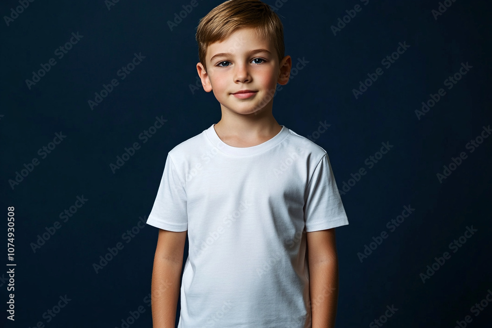 Caucasian boy with dark short hair in white t-shirt on dark blue background. Mockup template for brand, print and advertising. Studio shooting of cute little model.