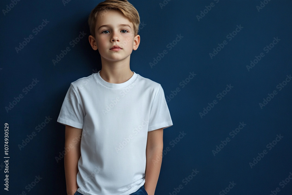 Caucasian boy with blond short hair in white t-shirt on dark blue background. Mockup template for brand, print and advertising. Studio shooting of cute little model.
