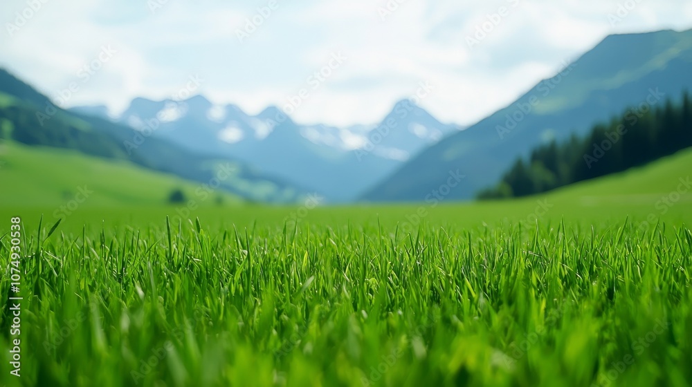 Fototapeta premium Green Grass Field With Mountains In Background.