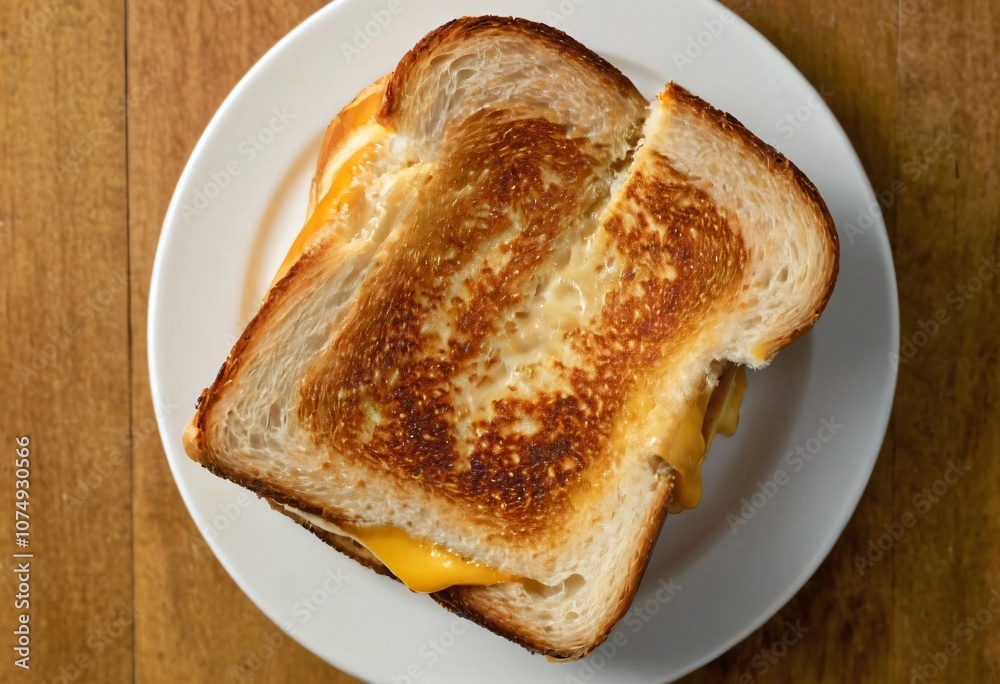 Overhead shot of a classic grilled cheese sandwich with golden, crispy edges and melted cheese oozing out, placed on a white plate against a wooden background. Ai generated image. Overhead shot of a classic grilled cheese sandwich with golden, crispy edges and melted cheese oozing out, placed on a white plate against a wooden background. Ai generated image.
