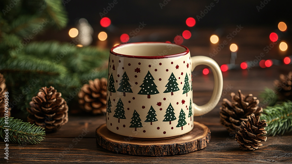 Fototapeta premium Cozy Christmas mug with tree pattern on a rustic wooden table
