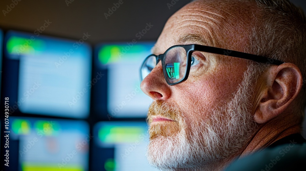 A cyber security analyst sitting in front of multiple screens, each displaying data logs, security alerts, and real-time network monitoring A cyber security analyst sitting in front of multiple screens, each displaying data logs, security alerts, and real-time network monitoring