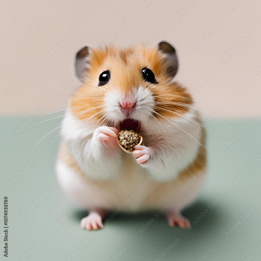 Hamster holding a tiny seed close-up, with both paws wrapped around it, eyes bright and full of excitement Hamster holding a tiny seed close-up, with both paws wrapped around it, eyes bright and full of excitement