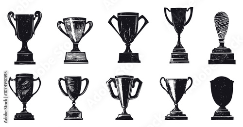Winning Trophy Hand-Drawn Linocut Grunge Texture Vector Set White Background Distressed Design Award Art Vintage Graphics Champion Collection Creative Sports Achievement Elements