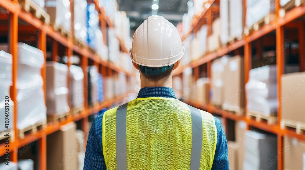 Warehouse Worker in Safety Vest and Hard Hat. Warehouse Worker in Safety Vest and Hard Hat.