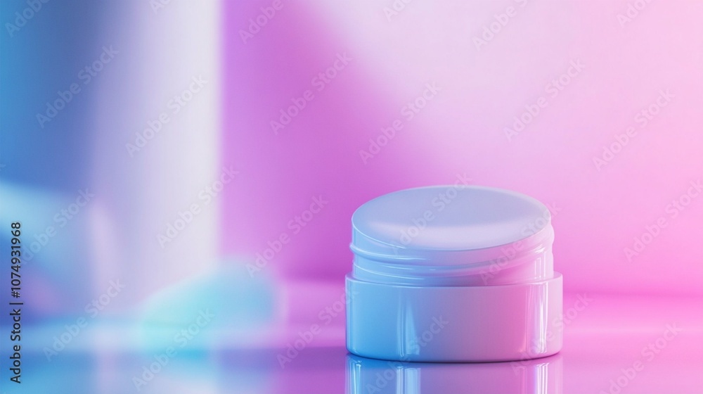 Elegant cosmetic jar illuminated by vibrant neon lights, creating a dreamy atmosphere. Beauty product on reflective surface with blue and pink glow, modern skincare concept. Elegant cosmetic jar illuminated by vibrant neon lights, creating a dreamy atmosphere. Beauty product on reflective surface with blue and pink glow, modern skincare concept.