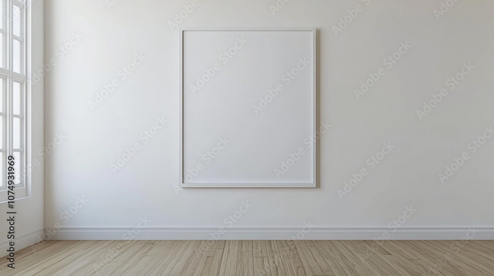 Minimalist interior with blank white canvas on wall, wooden floor, and large window, creating a serene and spacious atmosphere for artistic inspiration. Minimalist interior with blank white canvas on wall, wooden floor, and large window, creating a serene and spacious atmosphere for artistic inspiration.