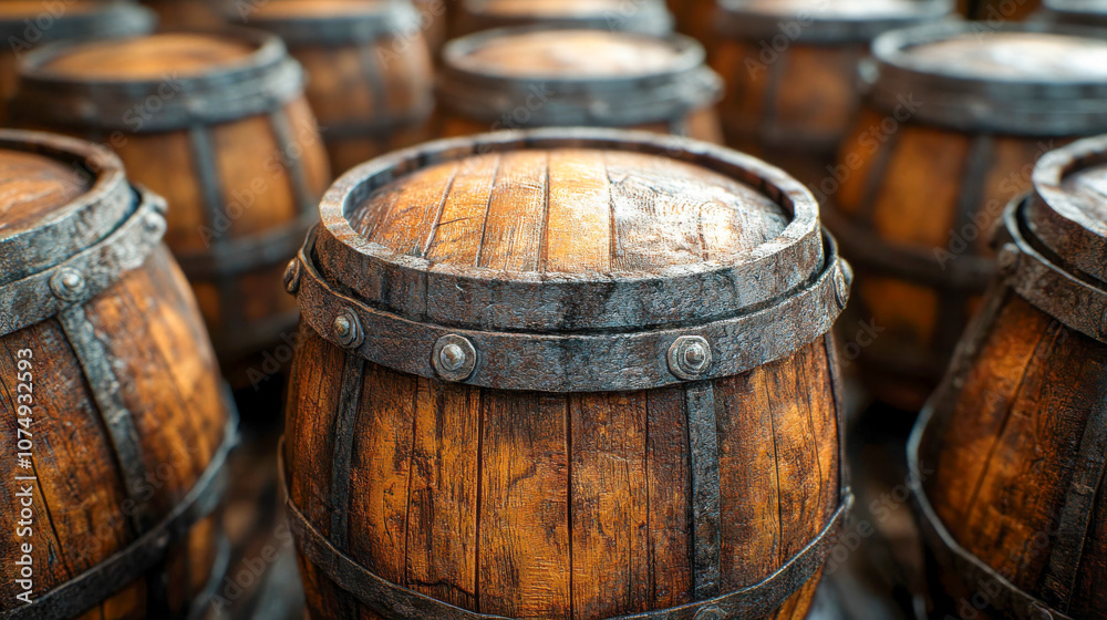 Sturdy wooden barrels arranged in rows, ideal for themes of aging and storage in wine, whiskey, or beverage production industries Sturdy wooden barrels arranged in rows, ideal for themes of aging and storage in wine, whiskey, or beverage production industries