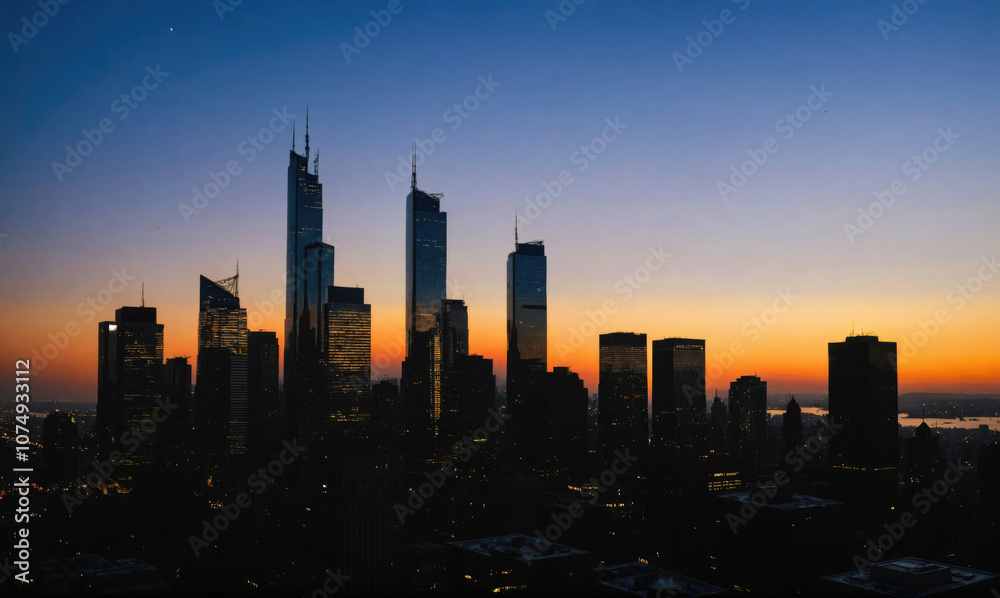 The New York City skyline at sunset, with the city's tall skyscrapers silhouetted against the vibrant orange and blue sky