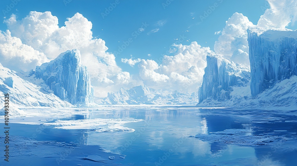 Fototapeta premium A vast, open scene of a frozen lake dotted with monumental ice formations, illustrating the serene and spectacular frozen landscape stretching to the horizon.