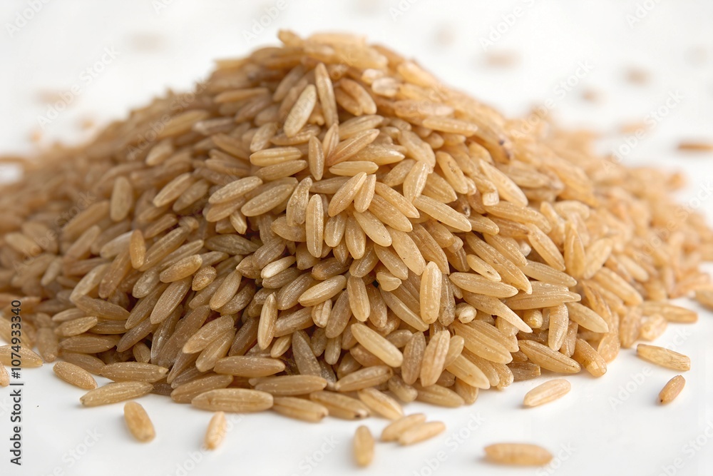 Obraz premium A pile of brown rice sits on a white background.