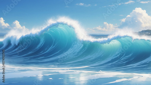 Majestic ocean wave rolling towards the shore under a sunny sky, with vibrant shades of blue and a distant coastline.