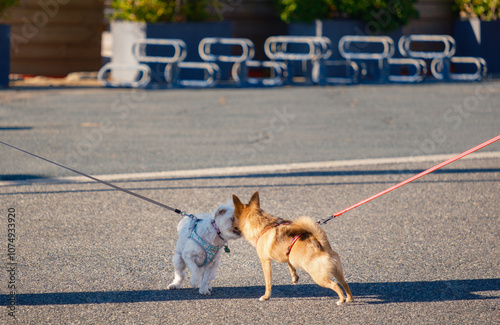 two dogs playing on leads