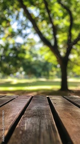 Rustic wooden planks in foreground frame a serene park scene, with a blurred tree silhouette and sunlit grass creating a tranquil outdoor atmosphere.