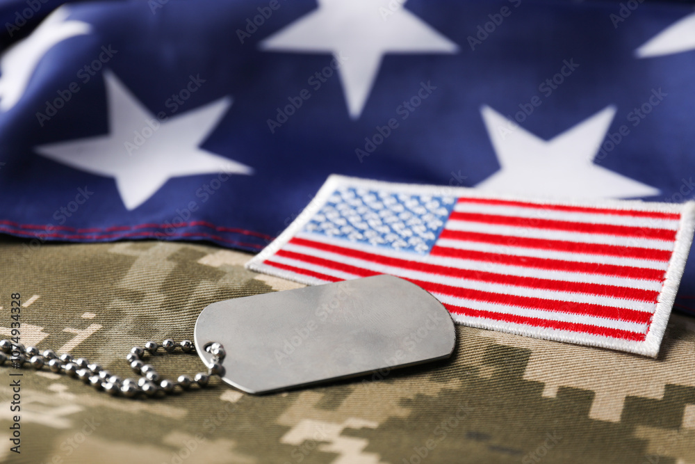 Fototapeta premium Veterans day. USA army patch, token, American flag and military uniform, closeup