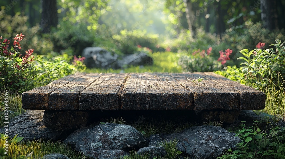 A rustic wooden platform surrounded by greenery and flowers in a serene forest setting. A rustic wooden platform surrounded by greenery and flowers in a serene forest setting.