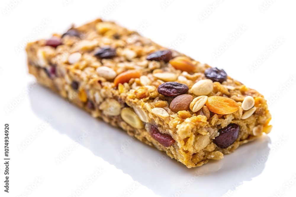 Drone photography highlights the rustic charm of a muesli cereal bar, isolated against a pristine white background. Drone photography highlights the rustic charm of a muesli cereal bar, isolated against a pristine white background.